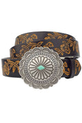 Western Concho Buckle Belt — Hand-Painted Leather with Faux Turquoise Center